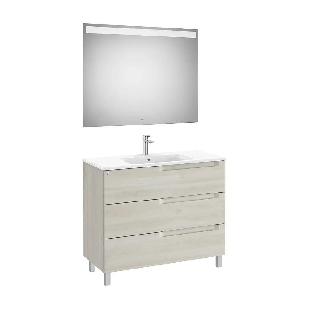 Pack mueble base tres cajones lavabo centrado espejo luz LED 100x46x74 cm Roca - Vista 2