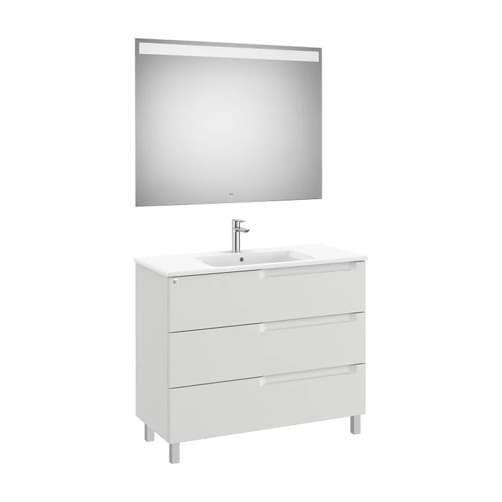 Pack mueble base tres cajones lavabo centrado espejo luz LED 100x80 cm Roca - Vista 1