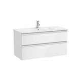 Mueble base suspendido con lavabo cuadrado centrado dos cajones blanco brillo Roca