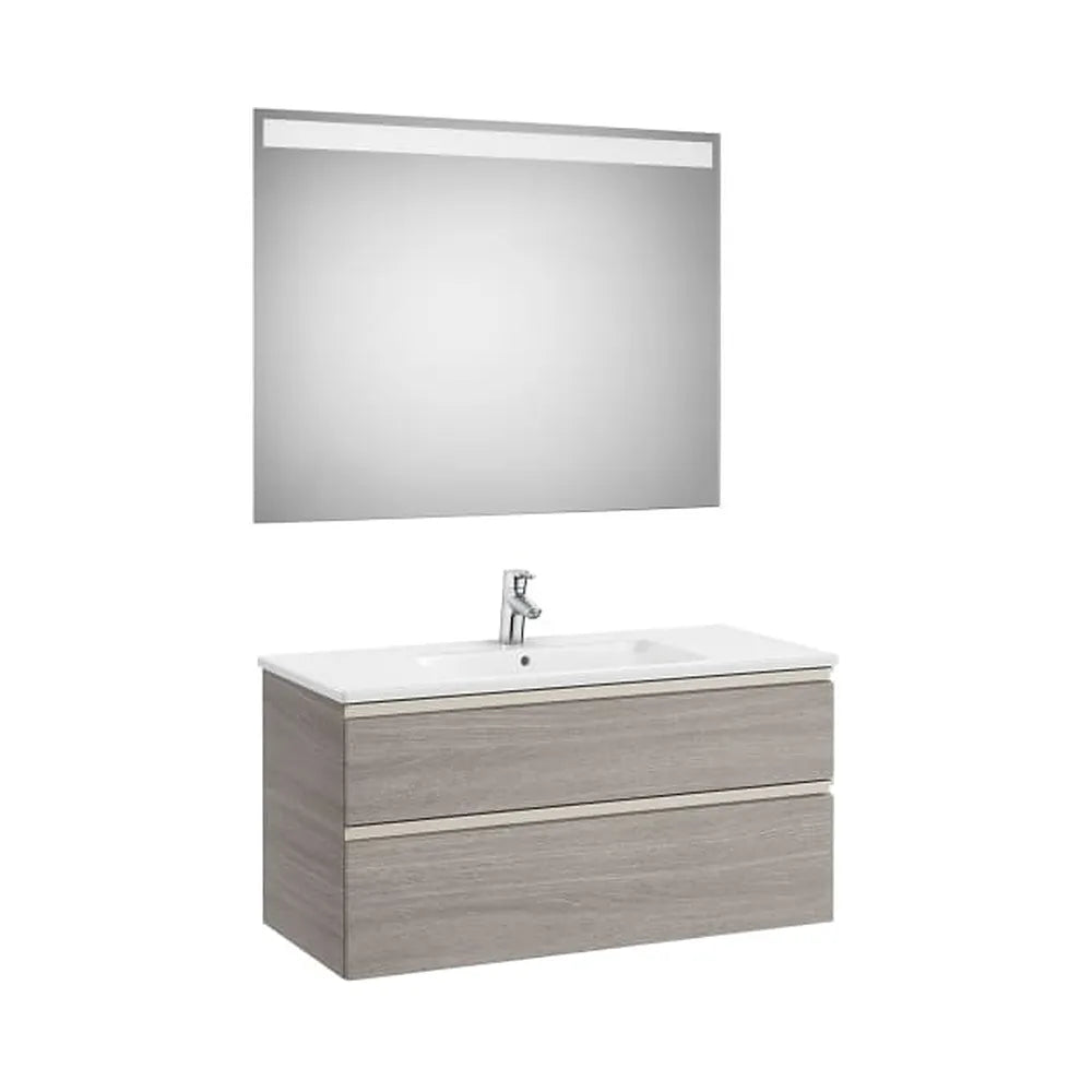 Pack mueble base dos cajones lavabo centrado espejo LED 100x46x54 cm Roble City Roca - Vista 1