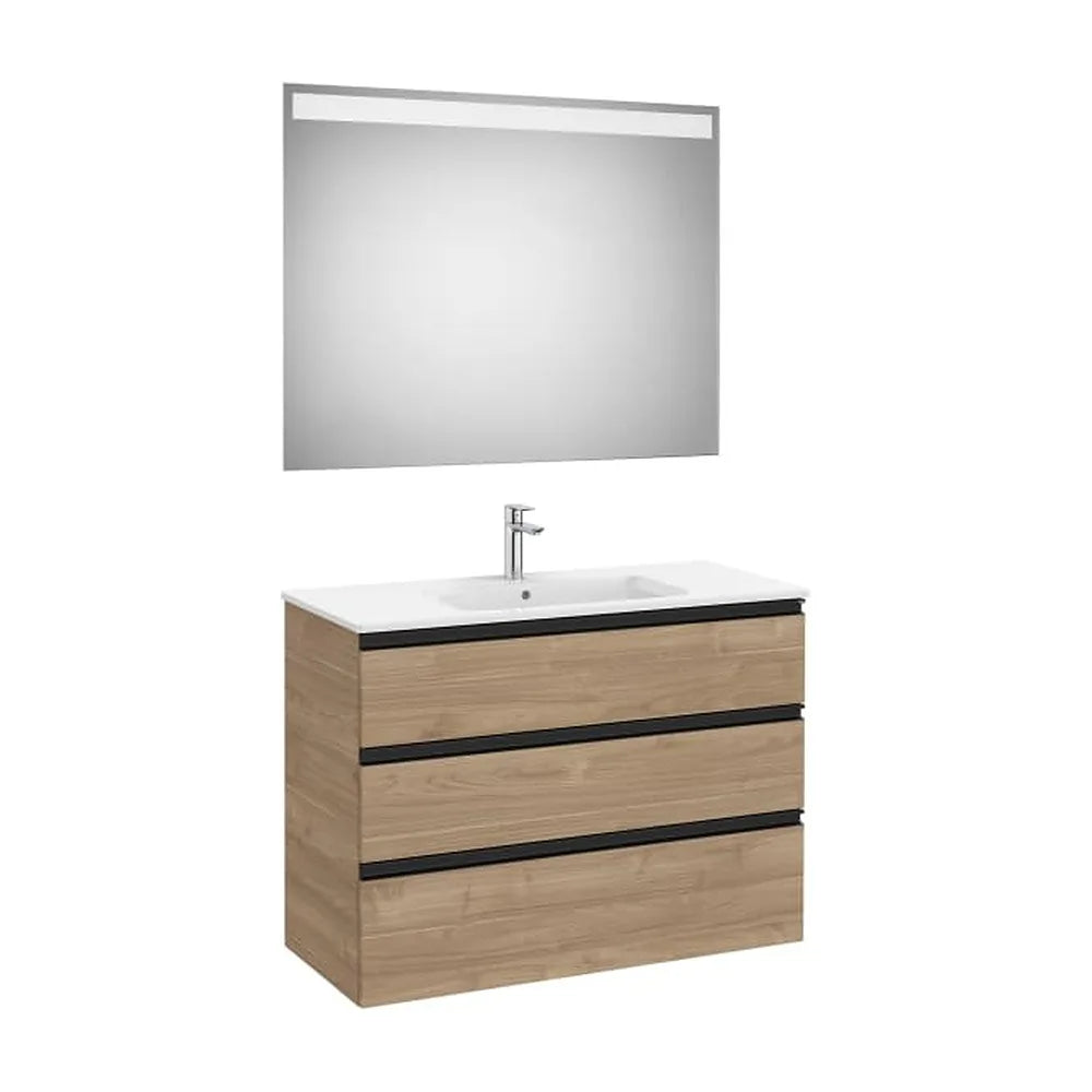 Pack mueble base tres cajones lavabo centrado espejo LED 100x80 cm nogal Roca - Vista 1