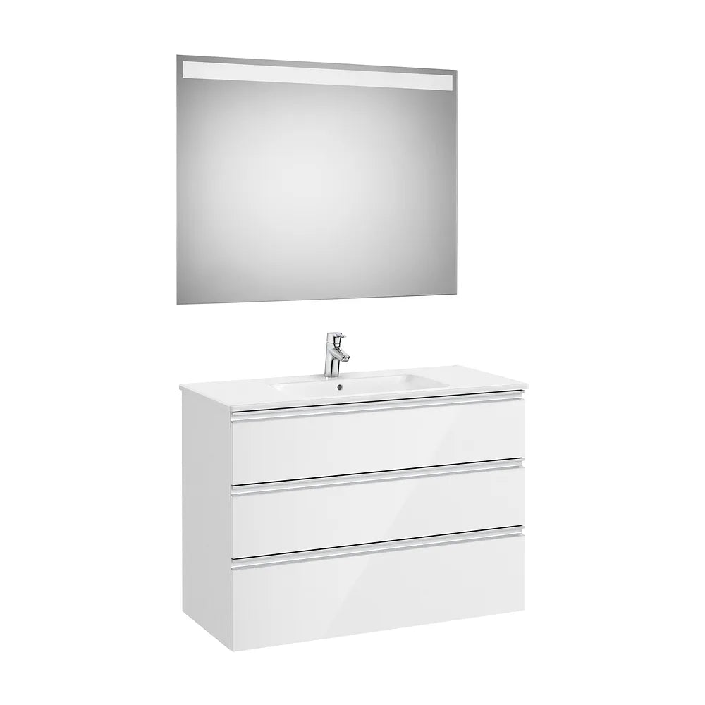 Pack mueble base tres cajones lavabo centrado espejo LED 100x46x76 cm Roca - Vista 2
