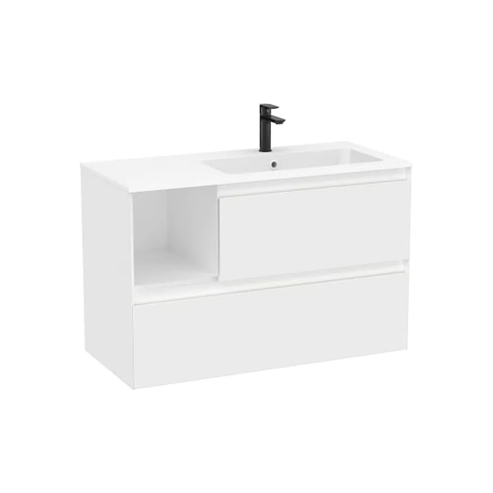Mueble base suspendido dos cajones estante lateral lavabo Stonex blanco mate derecha Roca - Vista 1
