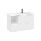 Meuble sous lavabo suspendu deux tiroirs et étagère latérale position lavabo droite Stonex blanc mat Roca