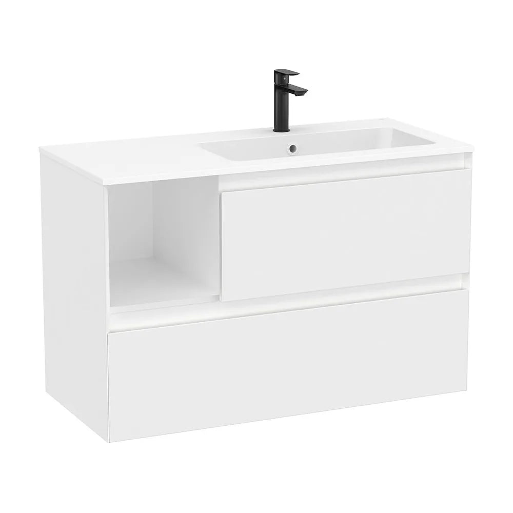 Mueble base suspendido dos cajones estante lateral lavabo Stonex blanco mate derecha Roca - Vista 2