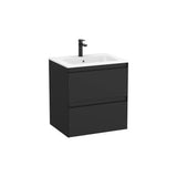 Mueble base suspendido con dos cajones y lavabo cuadrado blanco mate Roca
