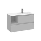 Mueble base suspendido dos cajones estante lateral lavabo Stonex blanco mate Roca