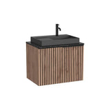 Meuble bas suspendu avec un tiroir plan de toilette effet marbre noir lavabo à poser avec perçage pour robinetterie Roca