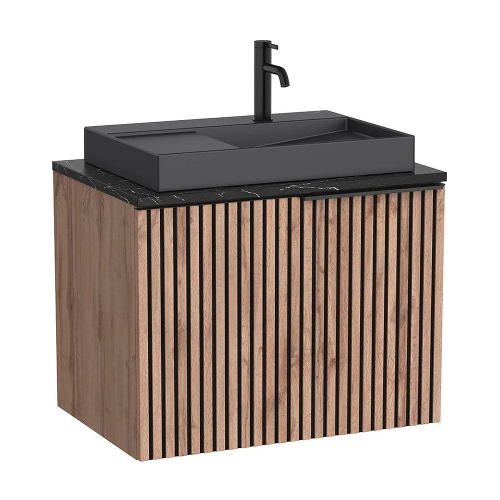 Mueble base suspendido con un cajón encimera marmoleada negra lavabo sobre encimera con orificio Roca - Vista 2