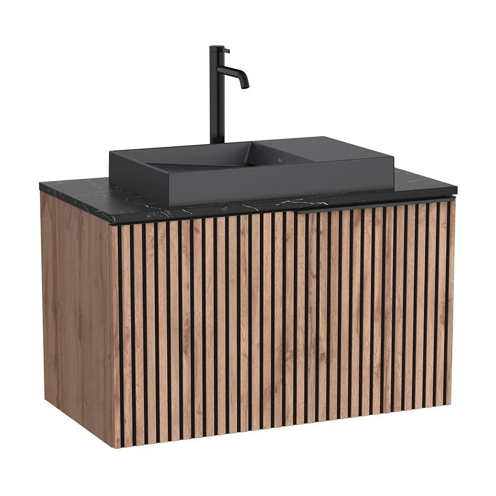 Mueble base suspendido con cajón encimera marmoleada negra lavabo sobre encimera sin orificio Roca - Vista 2