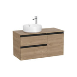 Mueble base asimétrico dos cajones una puerta lavabo sobre encimera izquierda nogal Roca