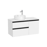 Mueble base asimétrico 100x46x53 cm dos cajones una puerta lavabo sobre encimera izquierda Roca
