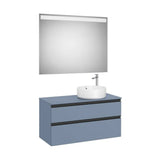Pack móvel base com duas gavetas para lavatório de bancada à direita espelho com LED 100 x 46 x 54 cm azul mate Roca