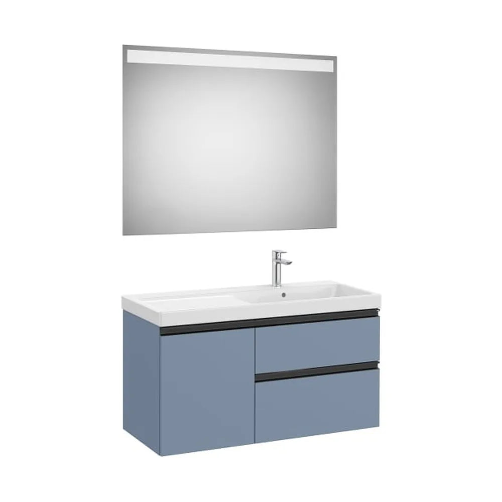 Pack mueble base asimétrico dos cajones una puerta lavabo plus derecha espejo LED Roca - Vista 1