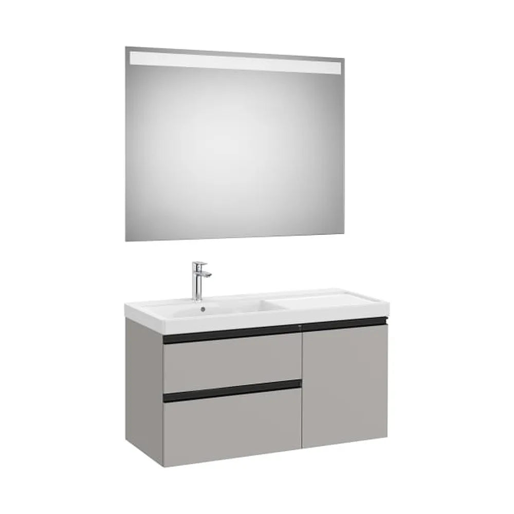 Pack mueble base asimétrico dos cajones una puerta lavabo plus izquierda espejo LED 100x46x57 cm Roca - Vista 1