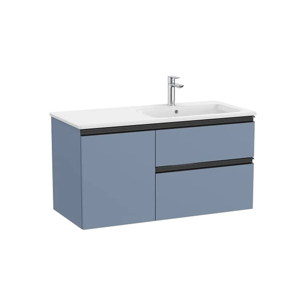 Mueble base asimétrico 100x46x53 cm con lavabo a la derecha dos cajones y puerta azul mate Roca - Vista 1