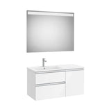 Mueble base asimétrico dos cajones puerta lavabo izquierda espejo LED 100x46x54 cm Roca