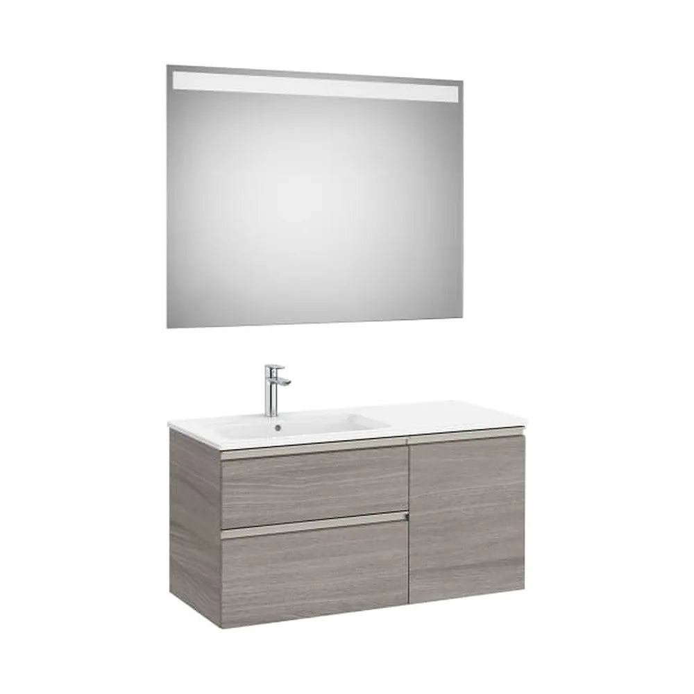 Pack mueble base asimétrico dos cajones una puerta lavabo izquierda espejo LED 100x46x53 cm Roca - Vista 1