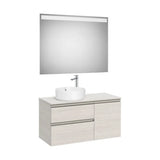 Pack mueble base asimétrico dos cajones una puerta lavabo sobre encimera izquierda espejo LED Roca
