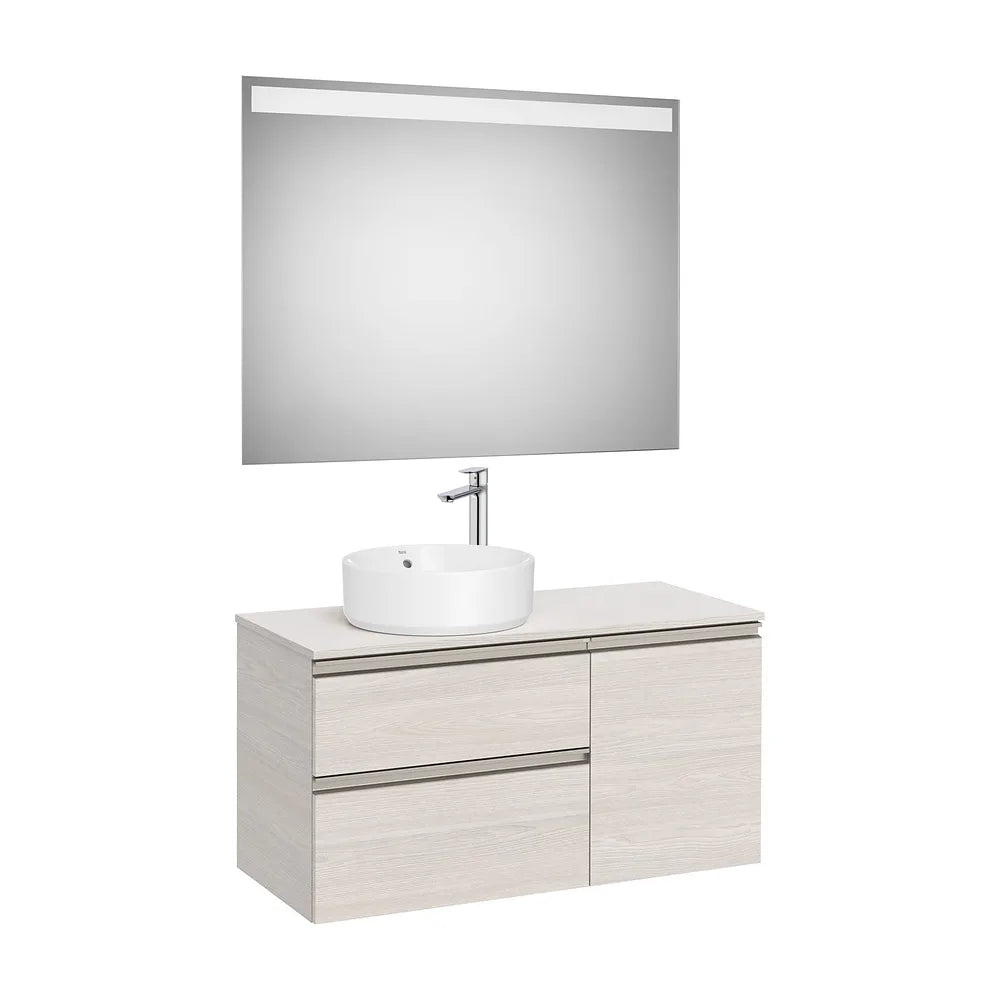 Pack mueble base asimétrico dos cajones una puerta lavabo sobre encimera izquierda espejo LED Roca - Vista 2
