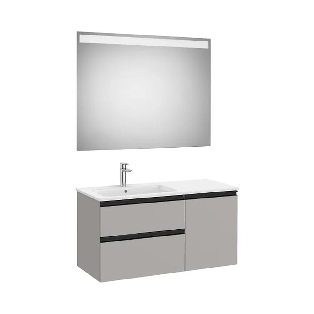 Pack mueble base asimétrico dos cajones una puerta lavabo izquierda espejo LED 100x46x54 cm Roca - Vista 1