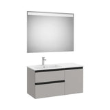 Pack mueble base asimétrico dos cajones una puerta lavabo izquierda espejo LED 100x46x54 cm Roca