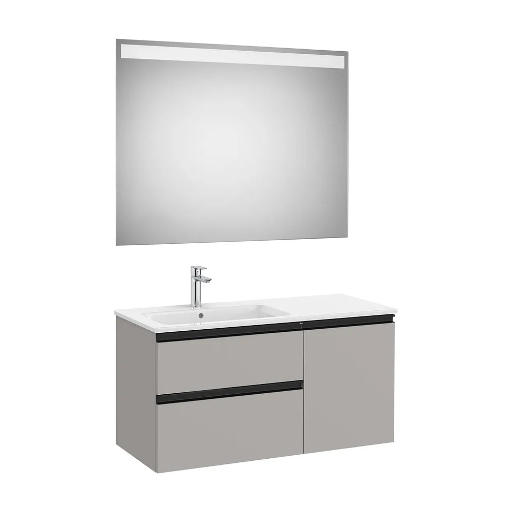 Pack mueble base asimétrico dos cajones una puerta lavabo izquierda espejo LED 100x46x54 cm Roca - Vista 2