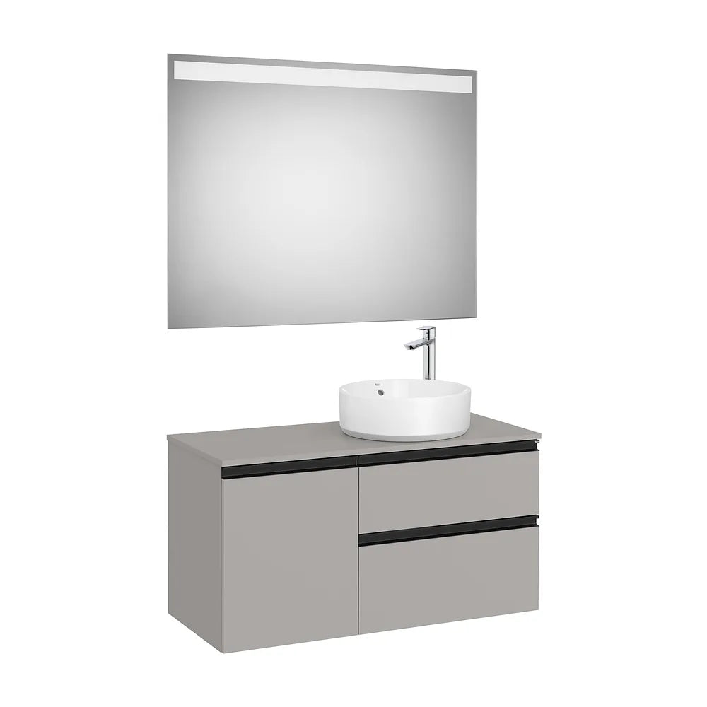 Pack mueble base dos cajones puerta lavabo sobre encimera derecha espejo LED Roca - Vista 2