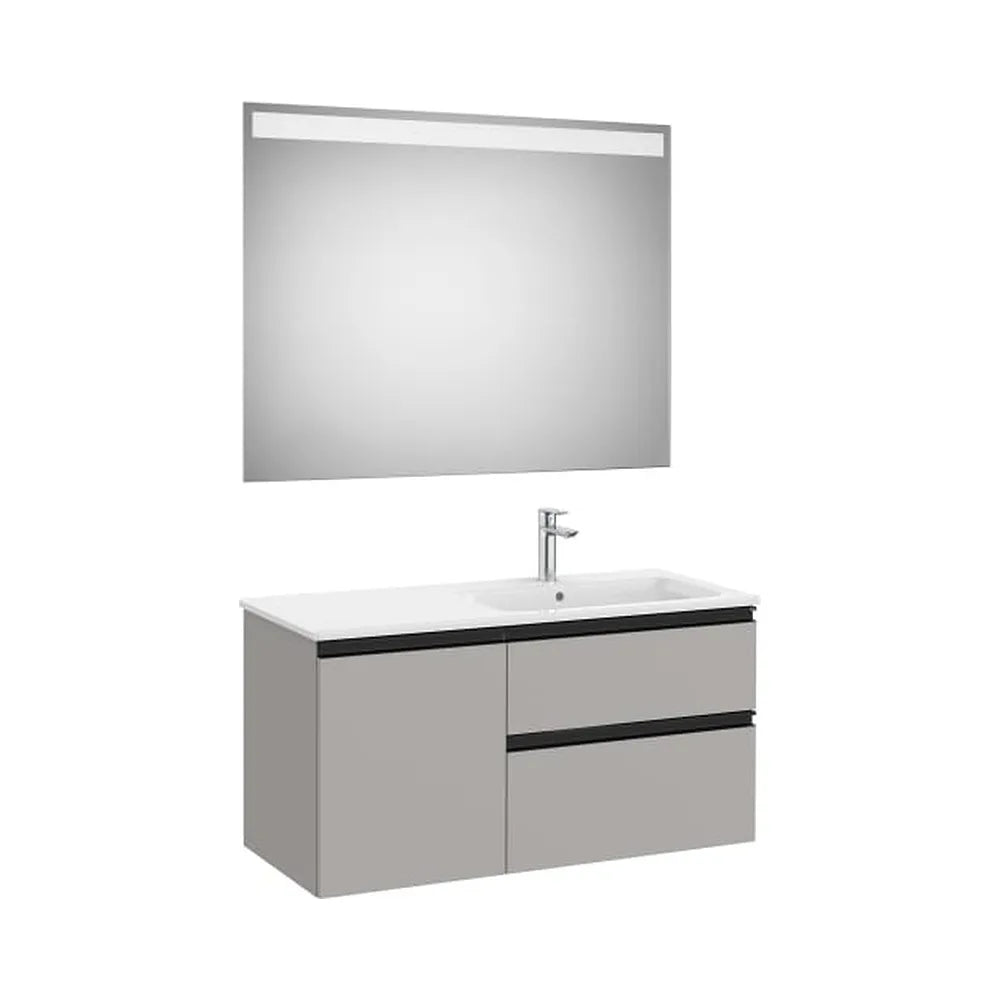 Mueble base asimétrico 100x46x53 cm dos cajones una puerta lavabo derecha espejo LED Roca - Vista 1
