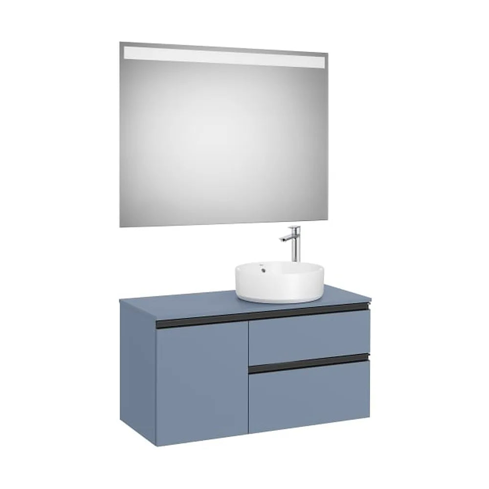 Pack mueble base con dos cajones y una puerta lavabo sobre encimera derecha con espejo LED Roca - Vista 1