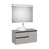 Pack móvel base assimétrico com duas gavetas e uma porta para lavatório de sobre bancada à esquerda com espelho LED Roca