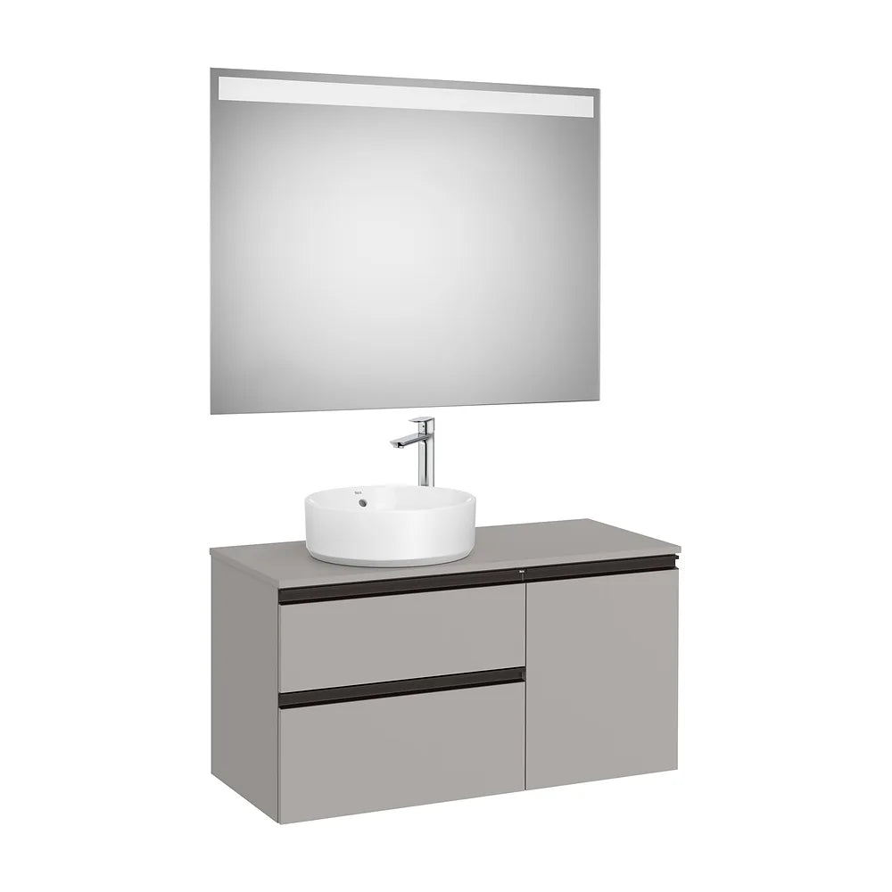 Pack mueble base asimétrico dos cajones una puerta lavabo sobre encimera izquierda espejo LED Roca - Vista 2