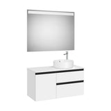 Pack mueble base con dos cajones y una puerta lavabo sobre encimera derecha espejo LED Roca
