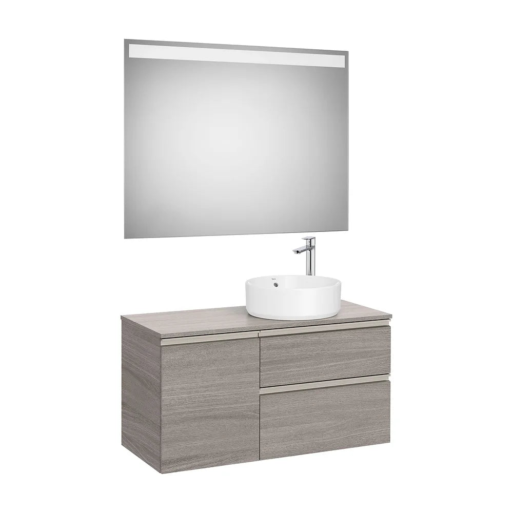 Pack mueble base con dos cajones y puerta para lavabo sobre encimera derecha con espejo LED Roca - Vista 2