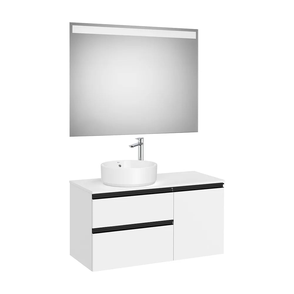 Pack mueble base asimétrico dos cajones una puerta lavabo sobre encimera izquierda espejo LED Roca - Vista 2