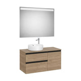 Mueble base asimétrico 100x46x53 cm dos cajones una puerta lavabo sobre encimera izquierda espejo LED Roca