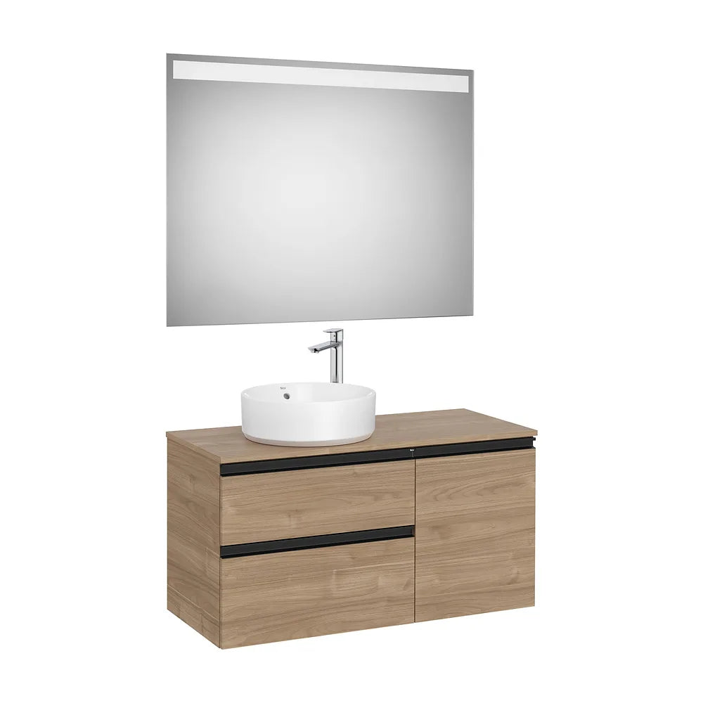 Mueble base asimétrico 100x46x53 cm dos cajones una puerta lavabo sobre encimera izquierda espejo LED Roca - Vista 2