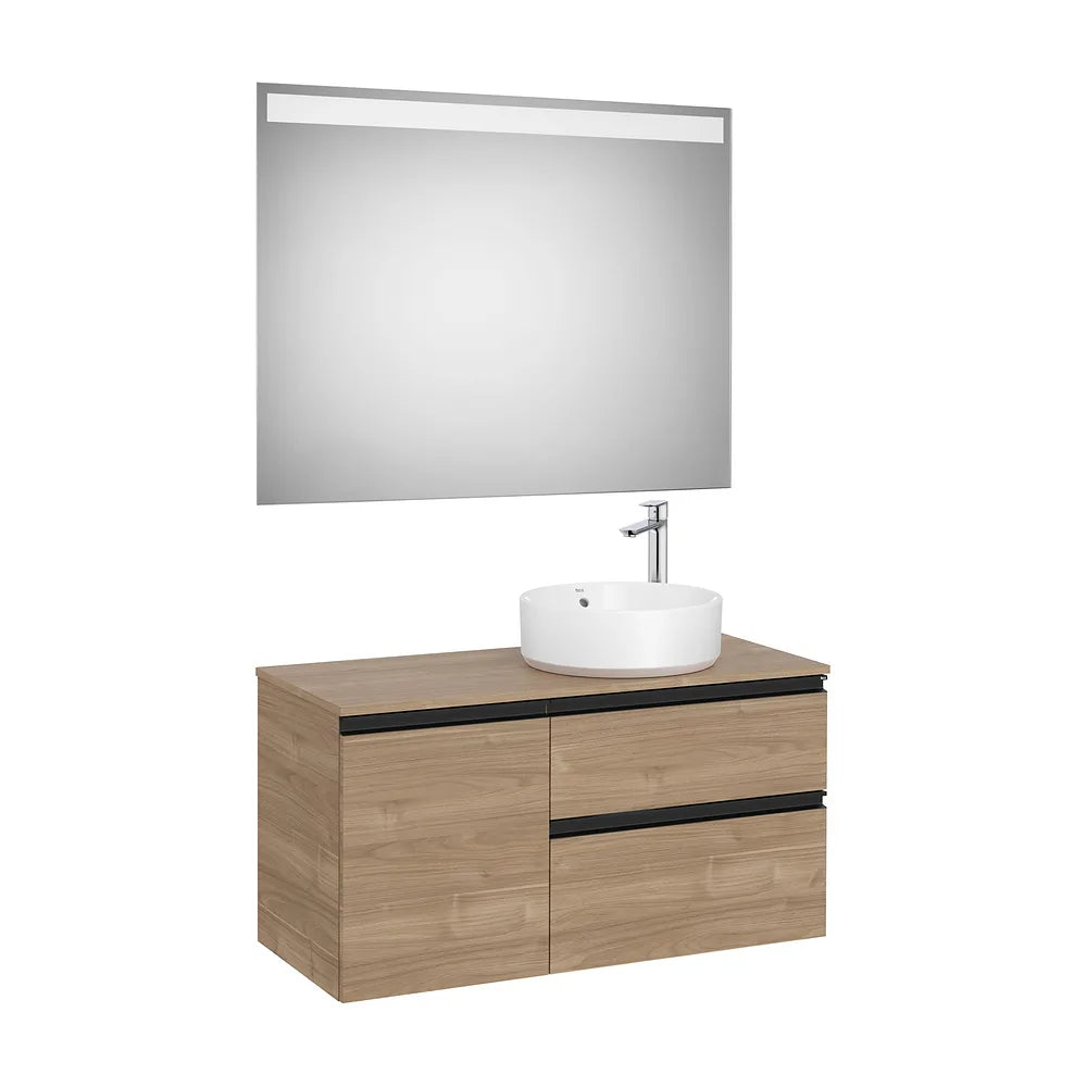 Pack mueble base con dos cajones y puerta lavabo sobre encimera derecha espejo LED Roca - Vista 2