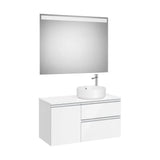 Pack mueble base con dos cajones y puerta lavabo sobre encimera derecha espejo LED Roca