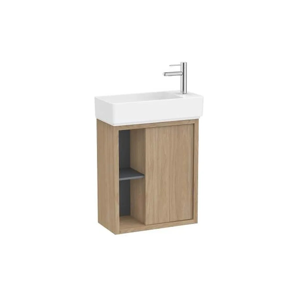 Mueble base asimétrico compacto 55x27x60 cm con lavabo suspendido color olmo claro Roca - Vista 1