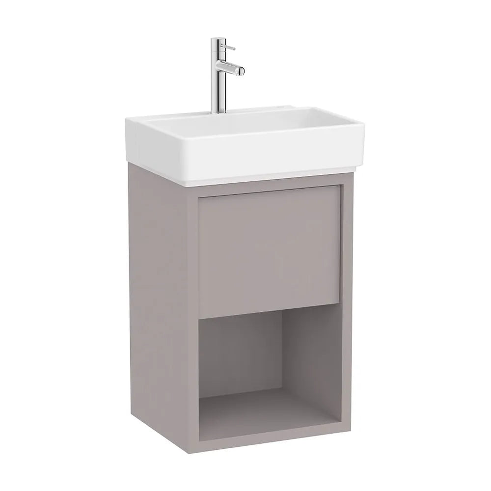 Mueble compacto suspendido con cajón estante abierto y lavabo porcelana 45x36x60 cm Roca - Vista 2