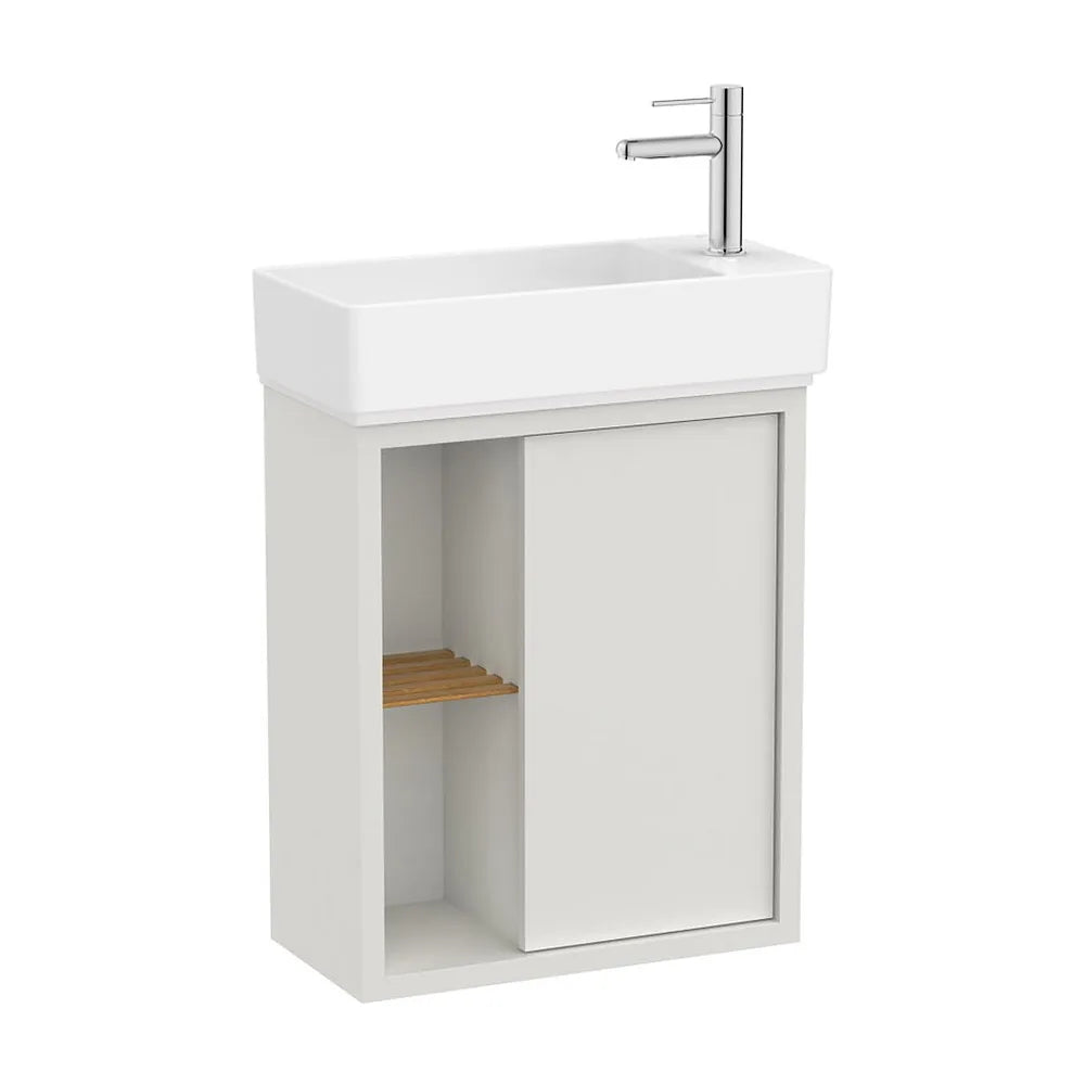 Mueble base asimétrico compacto con estante lateral abierto y lavabo suspendido 55x27x60 cm Roca - Vista 2