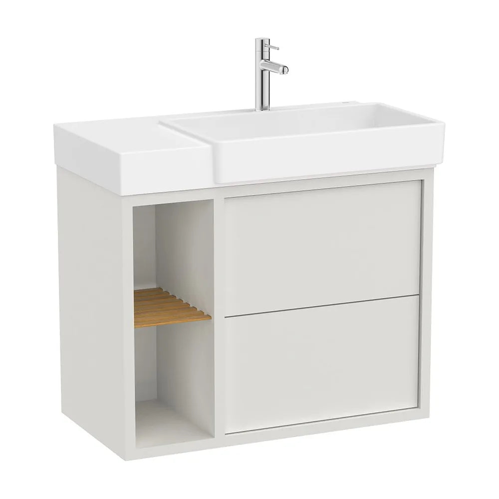 Mueble base asimétrico 80x43x60 cm dos cajones estante lateral lavabo derecha Roca - Vista 2