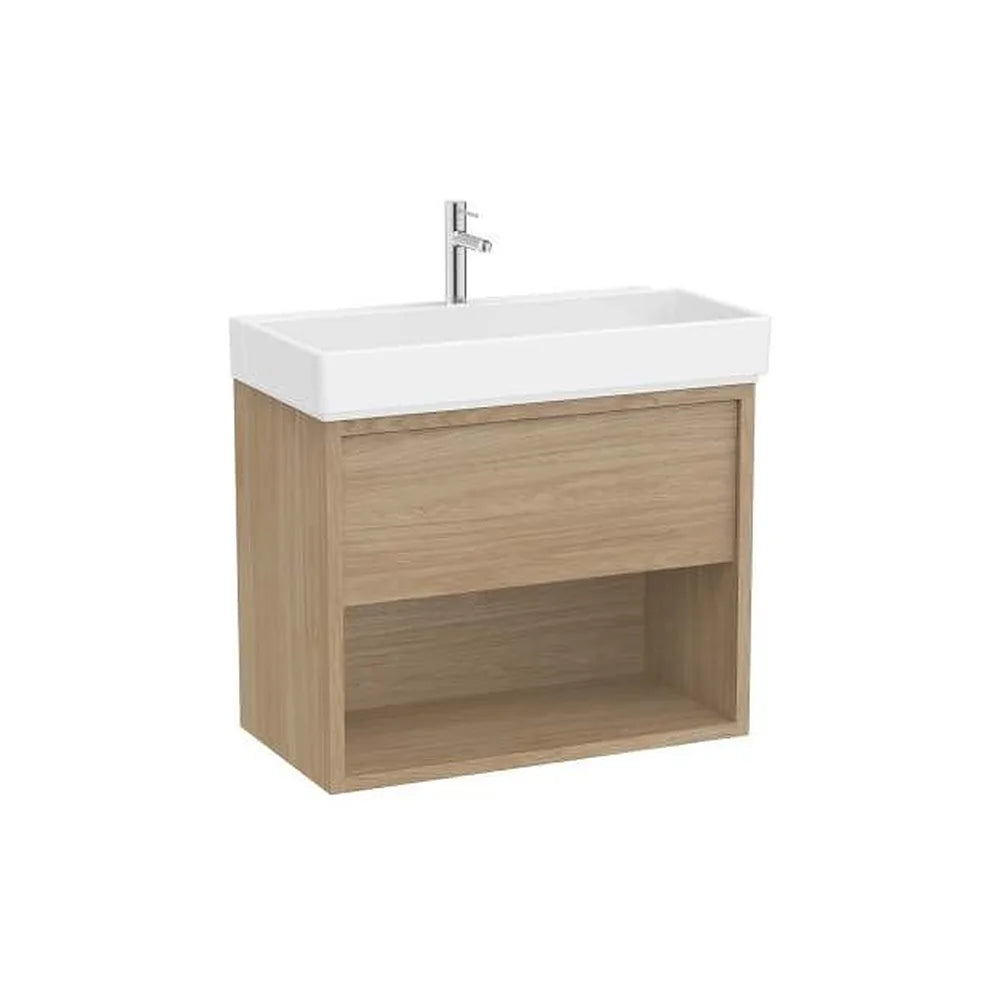 Mueble base suspendido con un cajón estante abierto y lavabo porcelana 80x43x60 cm Roca - Vista 1