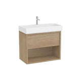 Mueble base suspendido con un cajón estante abierto y lavabo porcelana 80x43x60 cm Roca