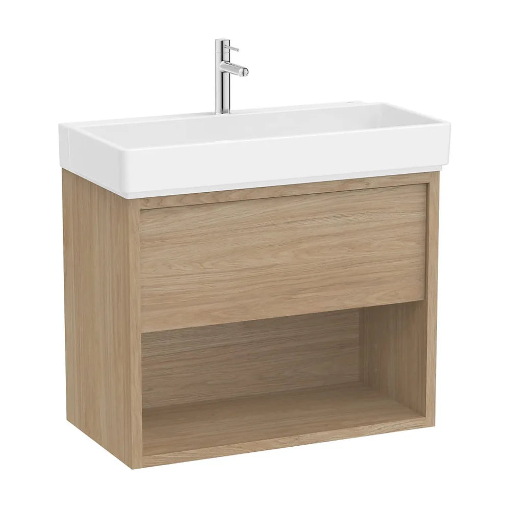 Mueble base suspendido con un cajón estante abierto y lavabo porcelana 80x43x60 cm Roca - Vista 2