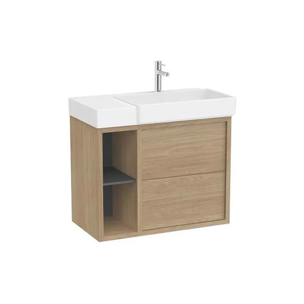 Mueble base asimétrico dos cajones estante lateral lavabo derecha 80x43x60 cm Roca - Vista 1