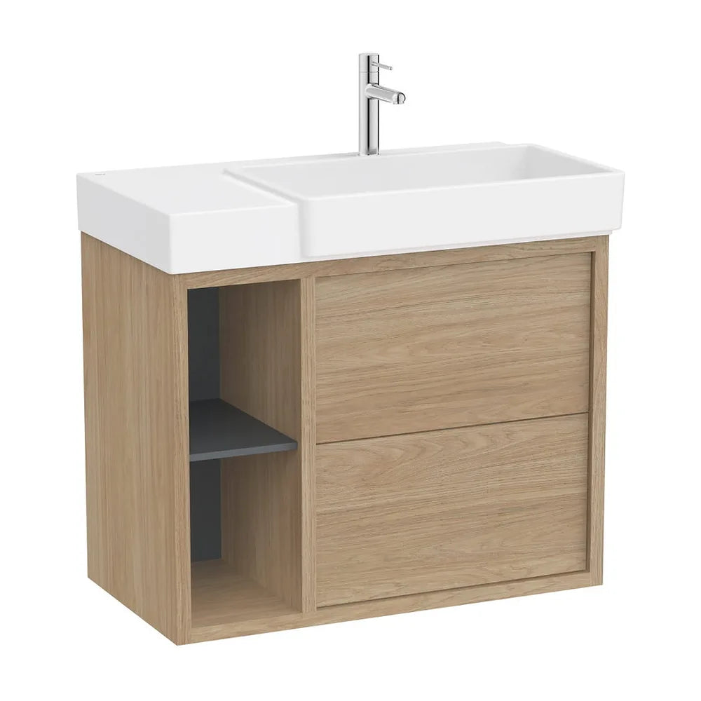 Mueble base asimétrico dos cajones estante lateral lavabo derecha 80x43x60 cm Roca - Vista 2