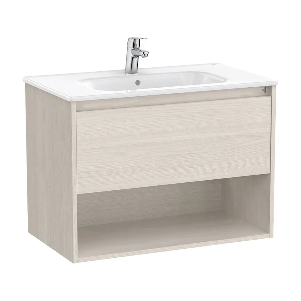 Mueble base suspendido con un cajón estante abierto y lavabo 80x46x58 cm Roca - Vista 2