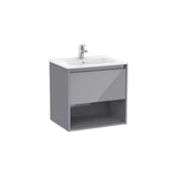 Mueble base suspendido con cajón y estante abierto lavabo porcelana 60x46x58 cm Roca